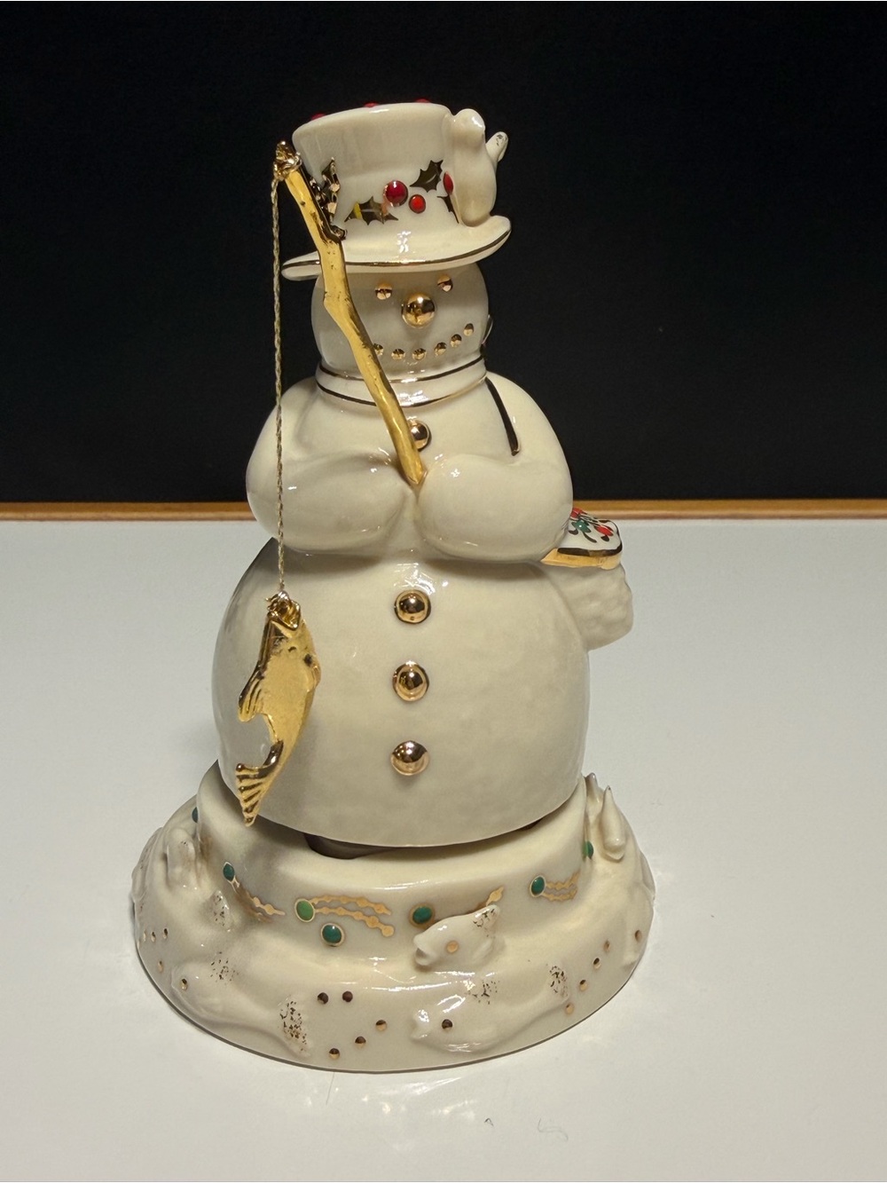 Lenox China Jewels Musical Fishing Snowman Figurine - Plays Jingle Bells